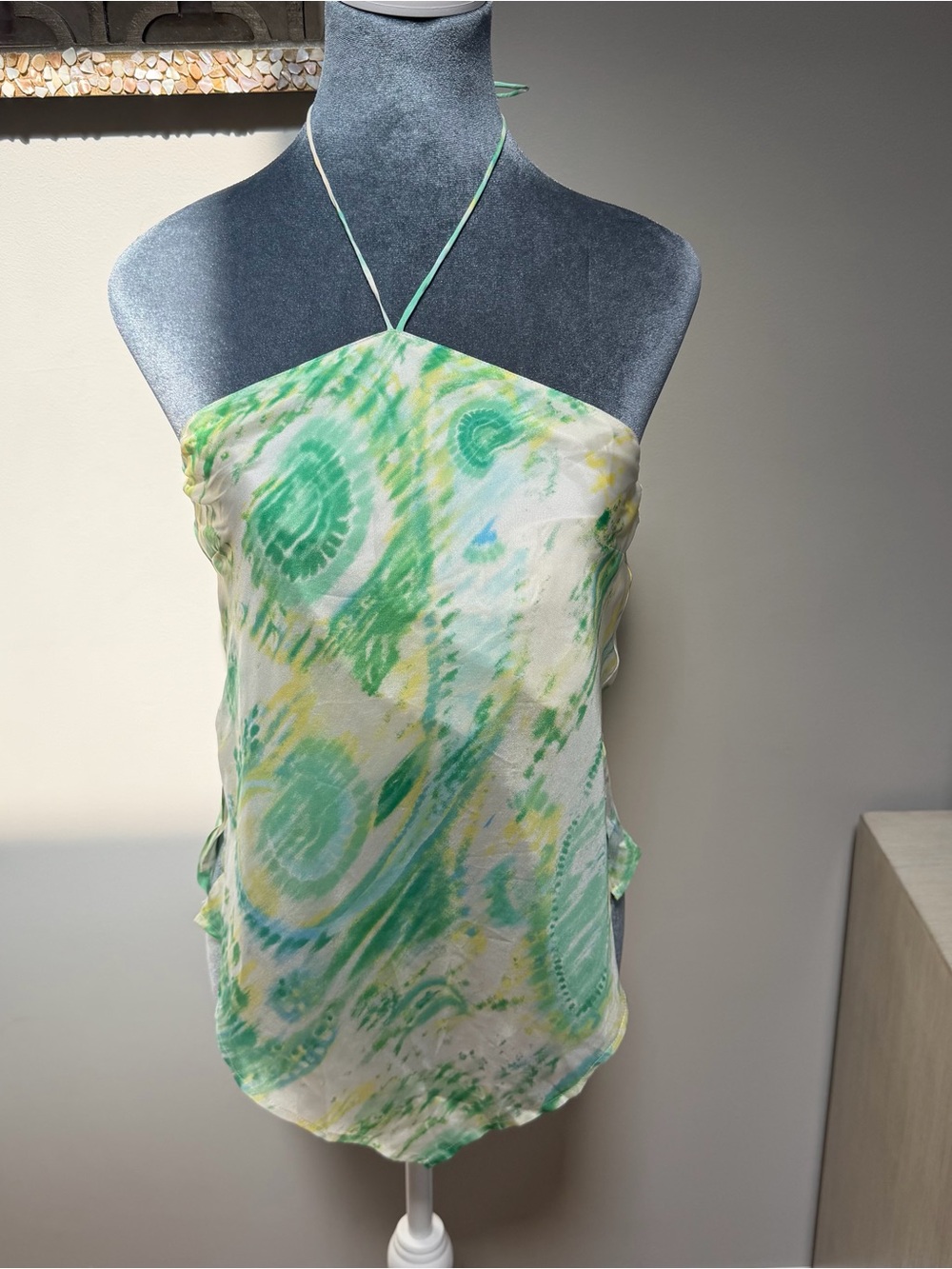 Theory Silk Halter Crop Top Triangle Front Paisley TieDye Small Tie Back